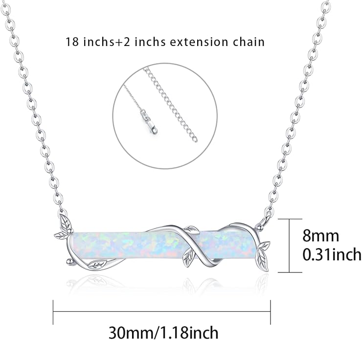Bar Opal Leaf Necklace For Women S925 Sterling Silver White Opal Pendant with Leaf Charm Bar Pendant Jewelry Gift For Mom Daughter Wife