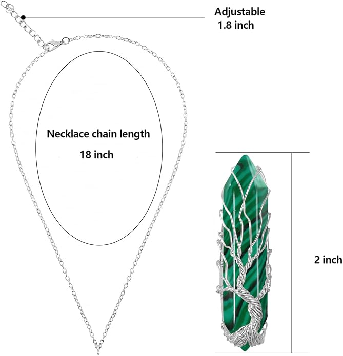 VIBILIA Healing Crystal Necklace Tree of Life Wire Wrapped Natural Stone Point Pendant Necklace Hexagonal Reiki Spiritual Quartz Gemstone Jewelry for Women Men