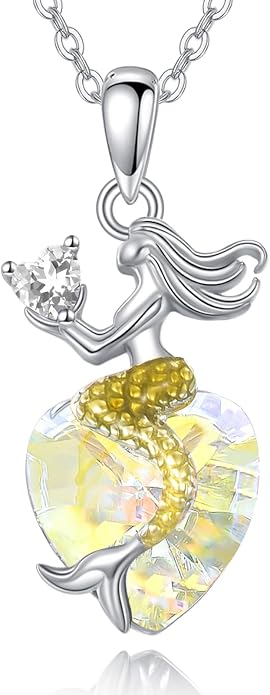 Mermaid Birthstone Necklace for Women 925 Sterling Silver Jewelry Austrian Crystal Pendant Christmas Gifts for Her