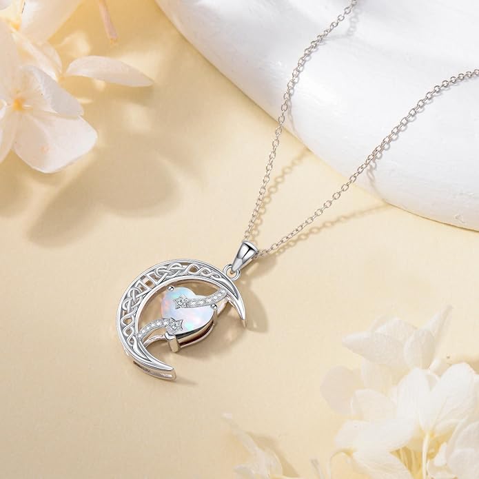TOUPOP Moon and Star Birthstone Necklace for Women 925 Sterling Silver Celtic Moon Jewelry Birthday Mothers Day Gifts for Mom Wife Her