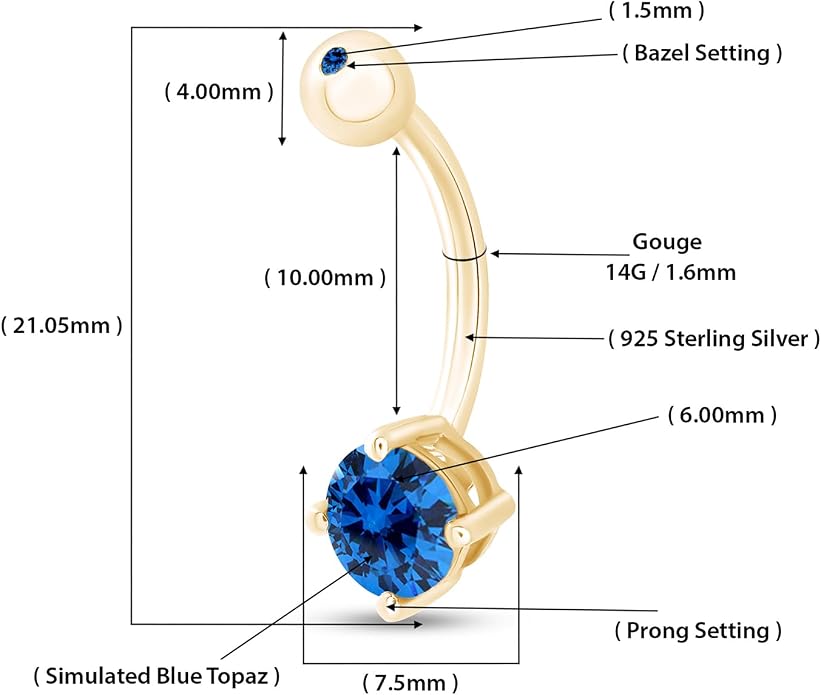 AFFY Round Shape Body Piercing Curved Barbells, Floating Navel Belly Piercing Button Premium Surgical Steel Ring in 14K Gold Over Sterling Silver