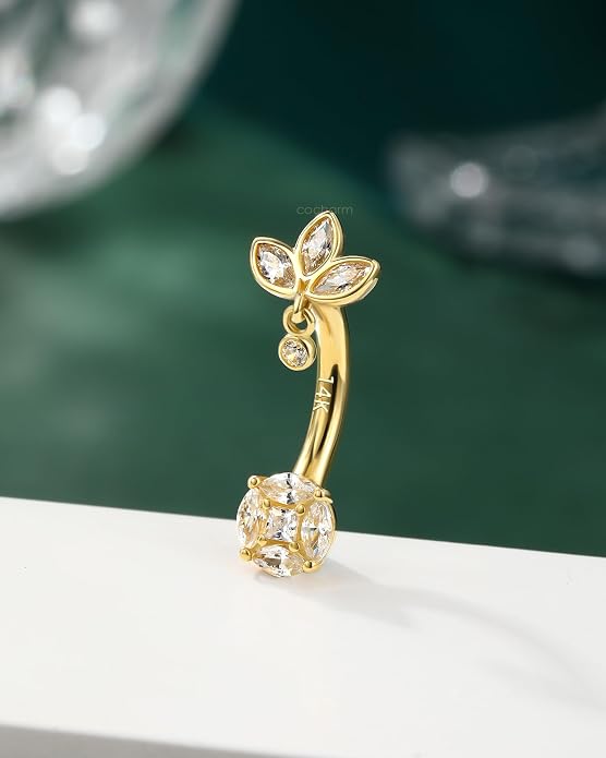COCHARM 14K Gold Belly Button Rings 14G Dangle lotus Belly Navel Rings for Women 14K Gold Belly Navel Piercing Jewelry 10MM Barbell