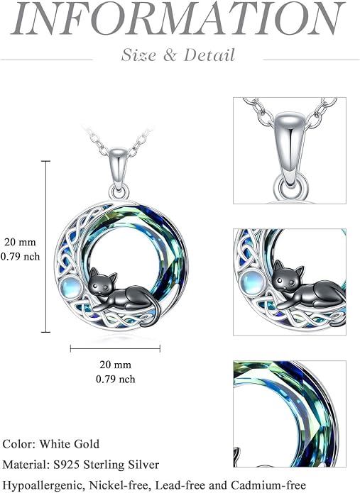 TOUPOP Cat Necklace Gifts for Women Sterling Silver Celtic Mounatin Moon Pendant with Blue Crystal Birthday Christmas Jewelry Gifts for Women
