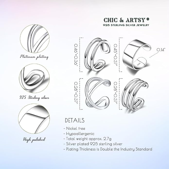 CHIC & ARTSY Sterling Silver Ear Cuff Set - Hypoallergenic, Simple, Adjustable No Piercing Clip on Earrings