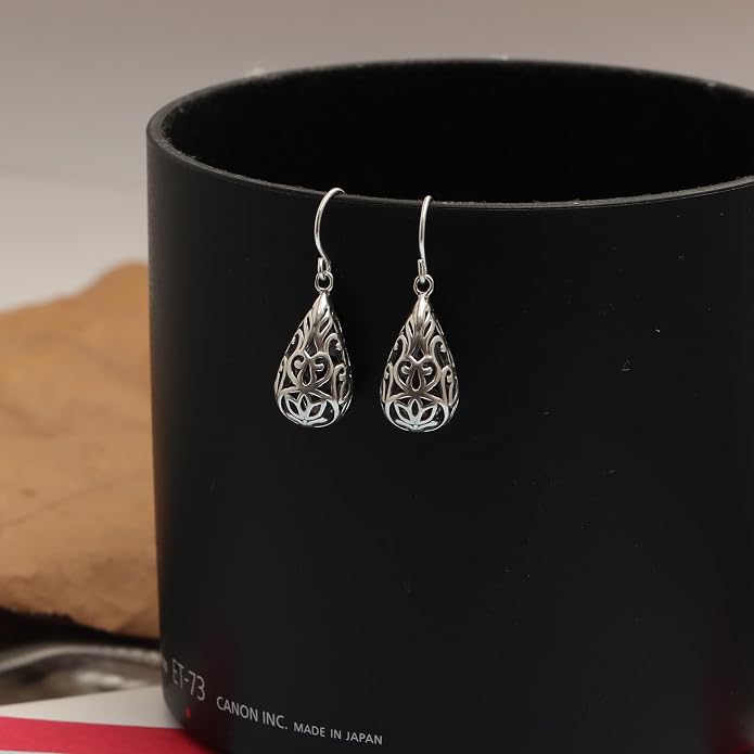LeCalla 925 Sterling Silver Filigree Dangle Drop Earrings | Lightweight Antique Balinese Teardrop Dangle Drop Earring for Women