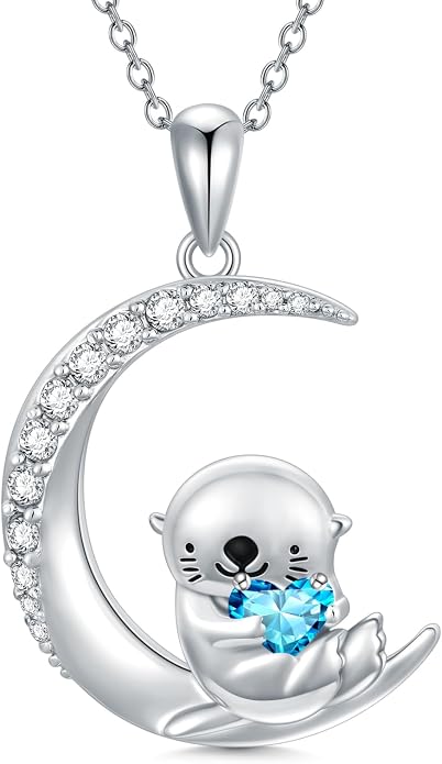 PROESS Animal Birthstone Necklace 925 Sterling Silver Otter/Axolotl/Hippo/Elephant/Dachshund/Monkey/Red Panda Pendant Necklace Animal Birthstone Jewelry Gifts for Women