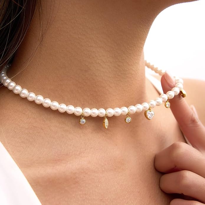 Natural Freshwater Baroque Pearl Necklace 14K Gold Plated Dainty Choker Necklace for Women Girls Snake Chain/Cuban Link/Paperclip/Ball Beaded Chain/Tennis Chain Fashion Jewelry for Gift