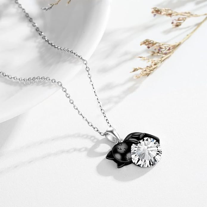 Cat Necklace Sterling Silver Cat Zircon Pendant Gothic Jewelry for Women Animal Lovers Gifts