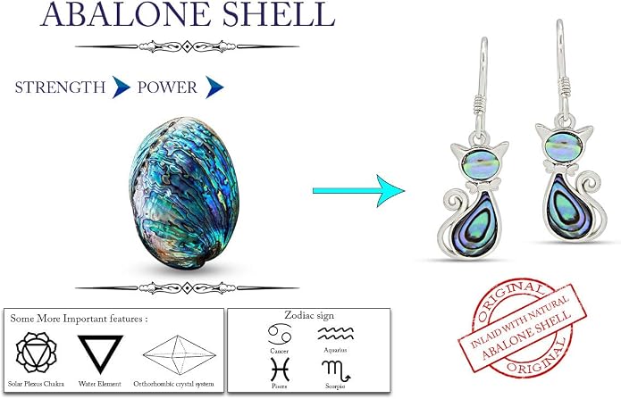 Abalone Shell Animal Dangle Earrings for Women (Kiwi Bird, Cat, Seahorse) in 14K White Gold Over 925 Sterling Silver, Iridescent Fishhook Drop Jewelry Gift