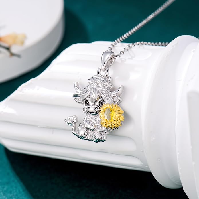 Highland Cow Gifts for Women 925 Sterling Silver Highland Cow Birthstone Necklace Fluffy Cow Jewelry Gifts Birthday Christmas