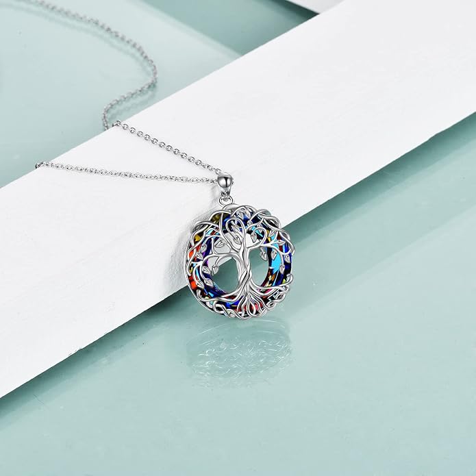 POPLYKE Tree of Life Necklace for Women Sterling Silver Celtic Knot Family Tree With Blue/Purple/Volcano Crystal Irish Gifts for Mom Wife Birthday Christmas