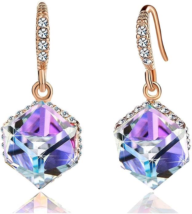 Austrian Crystal Cube Drop Dangle Earrings for Women 14K Gold Plated Hypoallergenic Jewelry