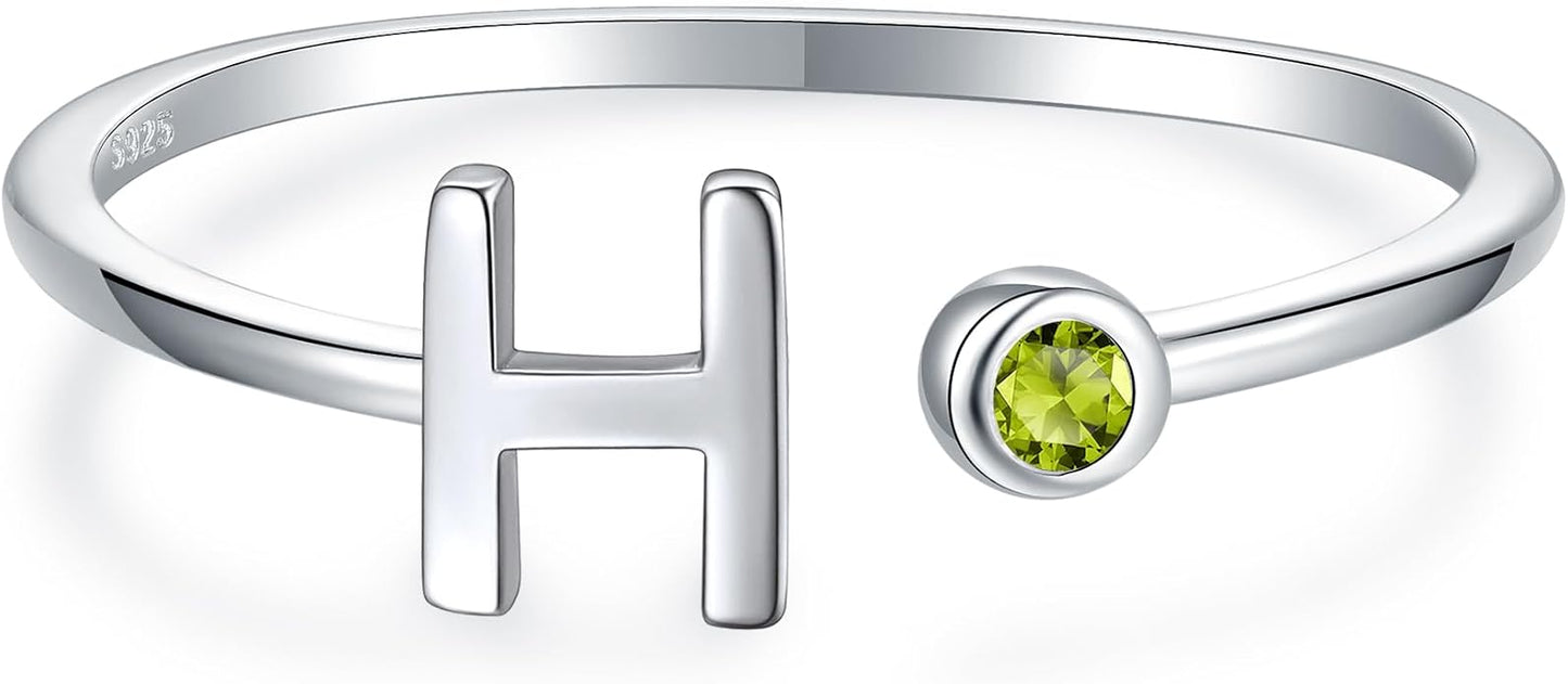 925 Sterling Silver Initial Letter Birthstone Rings for Women Adjustable 1-12 Month Birthstone Alphabet Stacking Ring for Teens Girls Stackable Birthstone Rings Birthday Jewelry Gift for Daughter Mom