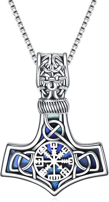 Compass Thor Hammer Necklace Sterling Silver Viking Compass Mjolnir Jewelry Gift for Men