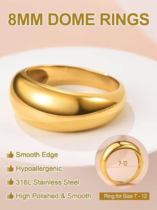 GOLDCHIC JEWELRY Chunky Dome Ring for Women, Stainless Steel Bold Stacking Croissant Statement Ring For Men (Size 7-12, Custom)