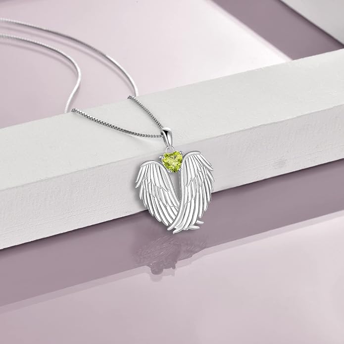 YFN Angel Wings Necklace 925 Sterling Silver Guardian Angel Wings Pendant Necklace Birthstone Necklace for Women Girls Christmas Jewelry Gifts