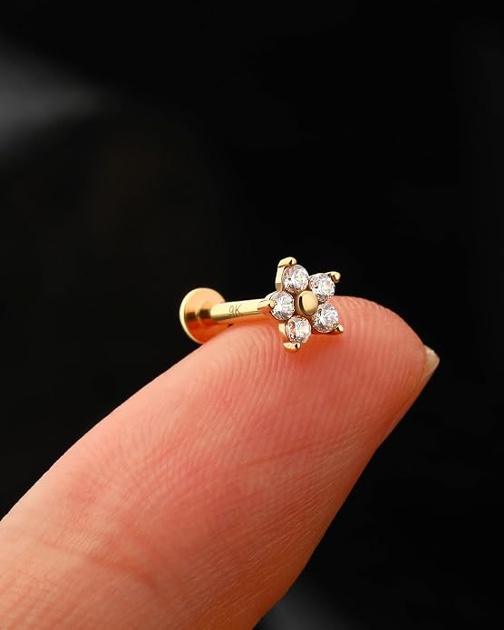 Jewseen 9K Real Solid Gold Flat Back Stud Earring 16G 8mm Internally Threaded Fine Piercing Jewelry for Helix Tragus Lobe Lip