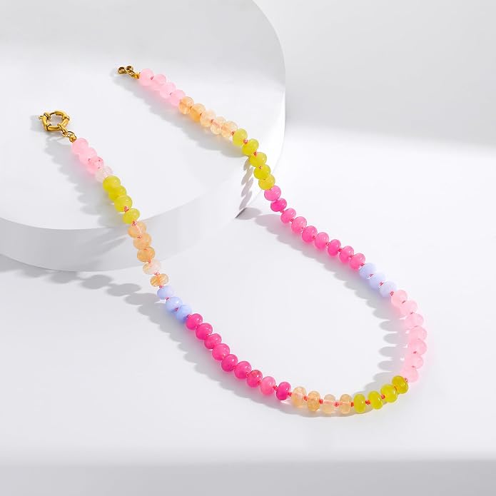 LALAPPLE Colorful Beaded Gemstone Necklace for Women, Boho Rainbow Bead Choker with Natural Stone Crystal Beads, Handmade Summer Beach Necklace Jewelry