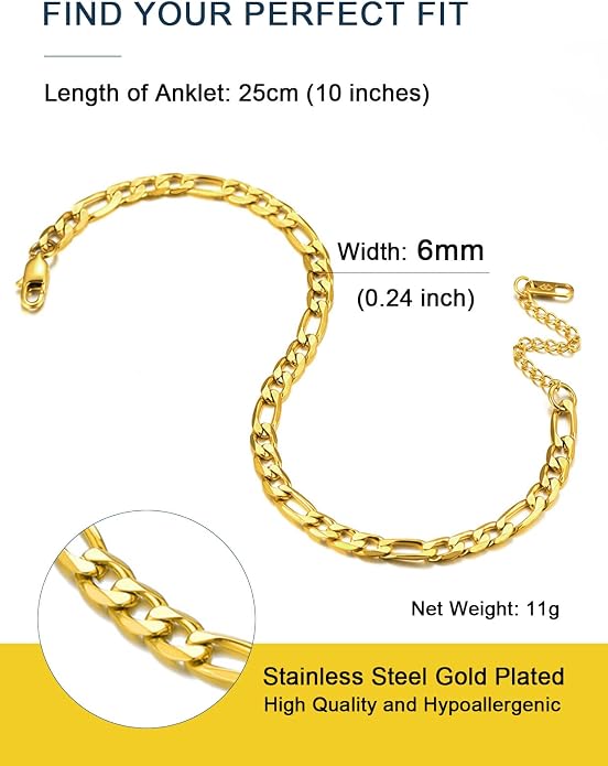 ChainsPro Resizable Anklet Chain for Women Men, Figaro/Wheat/Twist Rope/Cuban Foot Bracelet-Strong with Good Clasp-18K Gold Plated(Send Gift Box)