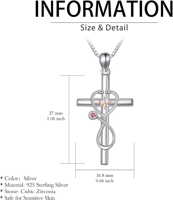 HPQQ Gifts for Nurse Sterling Silver Stethoscope Cross Necklace Nurses Birthstone Jewelry Nursing Themed Medicine Nurses Week Graduation Gifts Doctor Medical Student RN