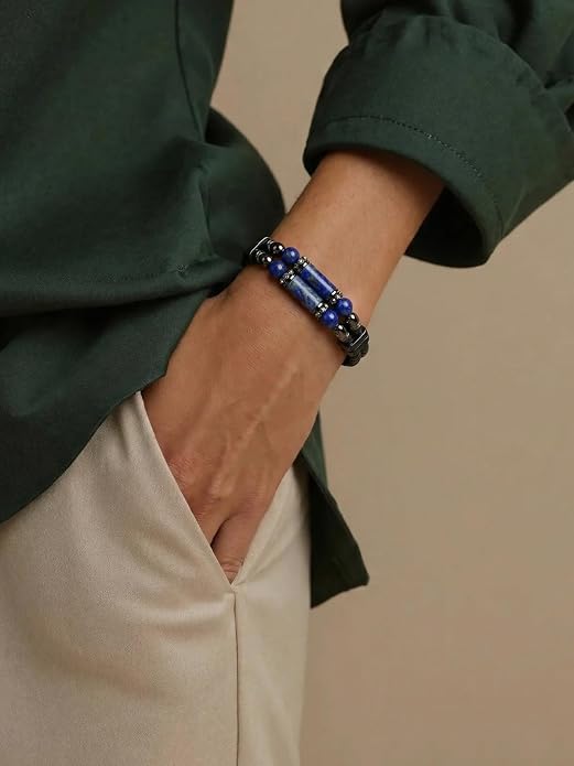 Mens Leather Turquoise/Tiger Eye/Obsidian/Lava Stone Bracelet–Braided Multi‑Layer Wristband Cuff Bangle Barcelet–Jewelry Box and Pouch Packing