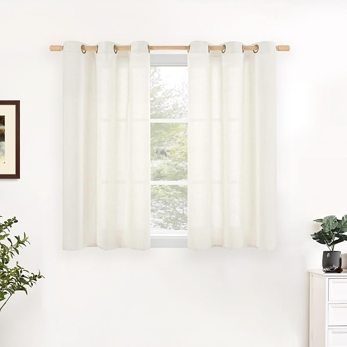YoungsTex Ivory Linen Curtains 40 Inch Length, Kitchen Window Drapes Light Filtering with Bronze Grommet Privacy for Bathroom Short Windows, 34 x 40 Inch, 2 Panels