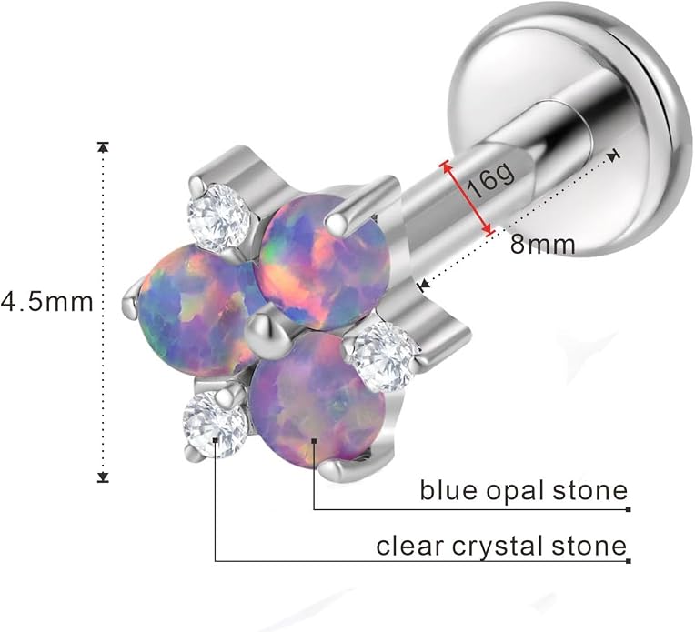 16G Internally Threaded Titanium Opal Flower Labret Tragus Stud, Monroe Lip Ring Helix Piercing Jewelry