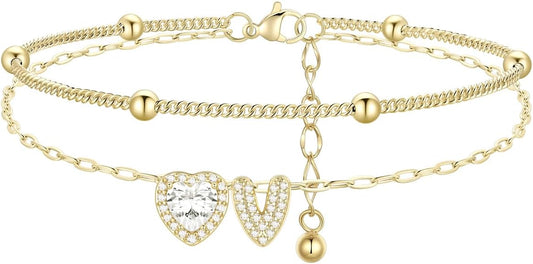 FindChic Silver/14K Gold Plated Layered CZ Initial Ankle Bracelet for Women | Waterproof Stainless Steel, Cubic Zirconia Letter Charm, Non-Tarnish, Hypoallergenic, Adjustable Extender, Summer Jewelry