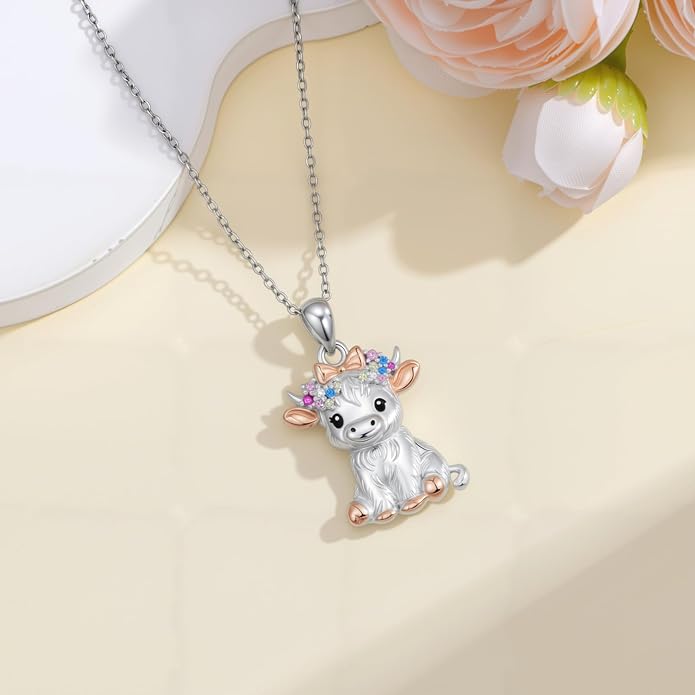 Highland Cow Gifts for Women 925 Sterling Silver Highland Cow Birthstone Necklace Fluffy Cow Jewelry Gifts Birthday Christmas