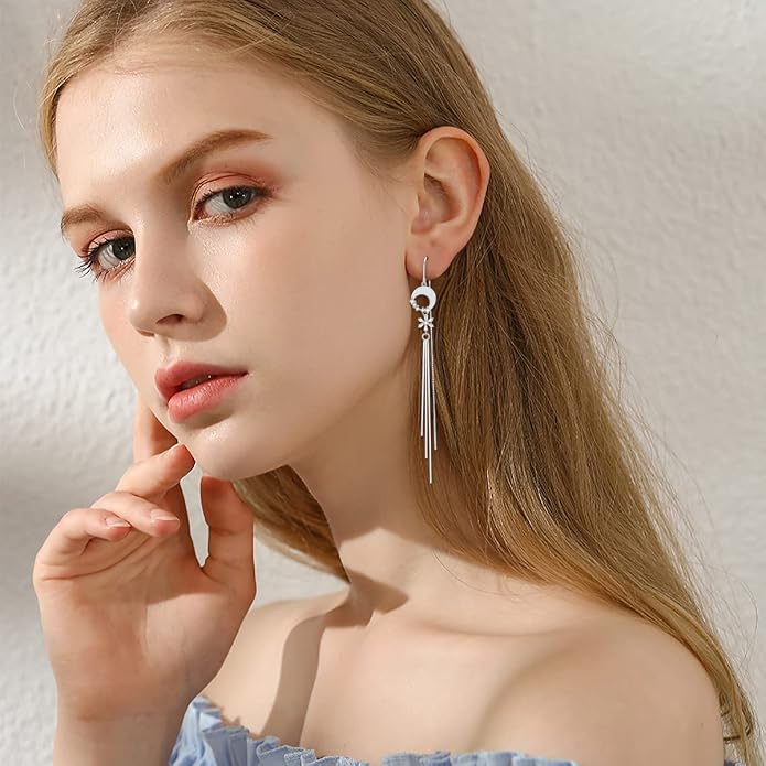VONALA Moon Star Threader Earrings Sterling Silver Long Earrings for Women Hypoallergenic Tassel Chain Earrings for Teen Girls
