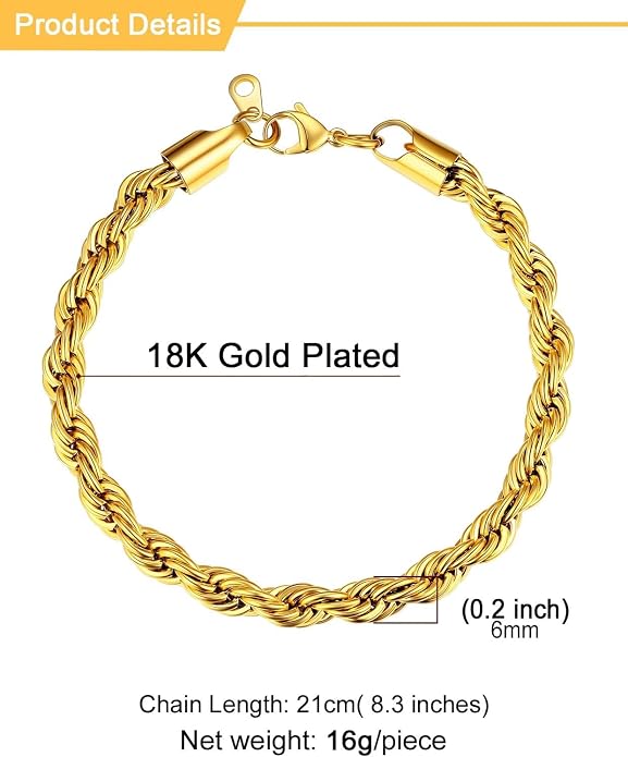 U7 Link Bracelets for Men, Cuban Link/Rope/Watch Band Solid Bracelet, Silver Black Gold Color Wrist Bracelet 3/6/9/12/15mm Width, 6.5/7.5/8.3 Inch Length, Hand Chain Jewelry for Mens Women