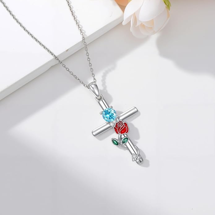 Birthstone Cross Necklace 925 Sterling Silver Rose with Butterfly Birthstone Cross Pendant Necklace Jewelry Gifts for Women Birthday Christmas