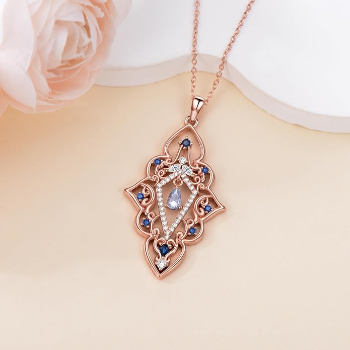 925 Sterling Silver Butterfly/Crescent/Witches Knot/Fleur-De-Lis/Thorny Crown Pendant Necklace Gold Plated Gemstone Birthday Gift for Wife Girlfriend Mom Daughter