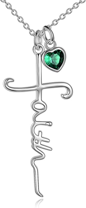 Faith Cross Necklace For Women Birthstone Sterling Silver with Simulated Birthstone Cross Jewelry Christian Gifts