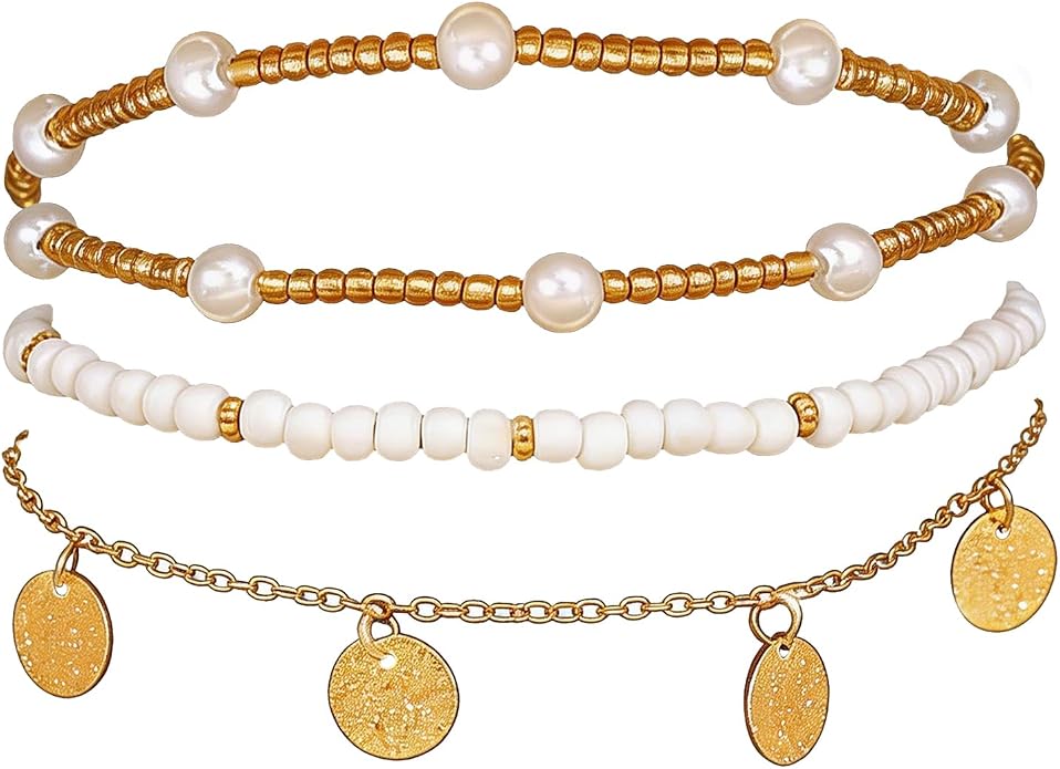 Ankle Bracelets for Women Stretch Boho Pearl Bead Gold Anklets Layered Sequins Foot Chain Hawaiian Beach Conch Summer Vacation Travel Foot Jewelry