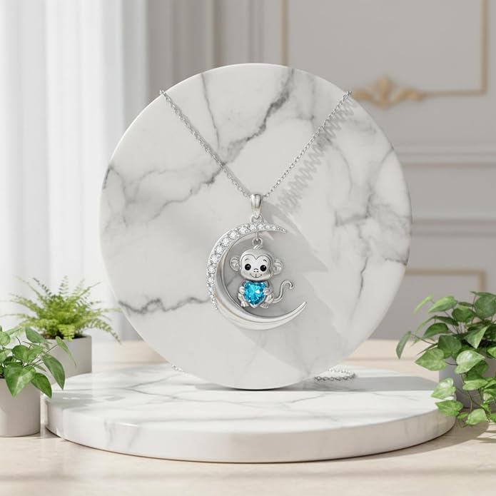 PROESS Animal Birthstone Necklace 925 Sterling Silver Otter/Axolotl/Hippo/Elephant/Dachshund/Monkey/Red Panda Pendant Necklace Animal Birthstone Jewelry Gifts for Women