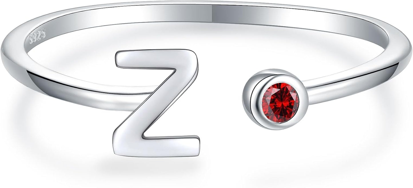 925 Sterling Silver Initial Letter Birthstone Rings for Women Adjustable 1-12 Month Birthstone Alphabet Stacking Ring for Teens Girls Stackable Birthstone Rings Birthday Jewelry Gift for Daughter Mom