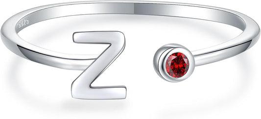 925 Sterling Silver Initial Letter Birthstone Rings for Women Adjustable 1-12 Month Birthstone Alphabet Stacking Ring for Teens Girls Stackable Birthstone Rings Birthday Jewelry Gift for Daughter Mom