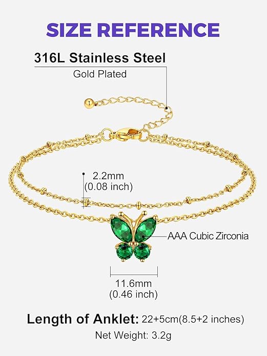 Richsteel Double Layer Heart/Butterfly Birthstone Anklet for Women Non Tarnish Waterproof, Silver/Gold/Black Stainless Steel 8.5-10.5 Inch Adjustable Chain Anklets Jewelry Gifts for Her