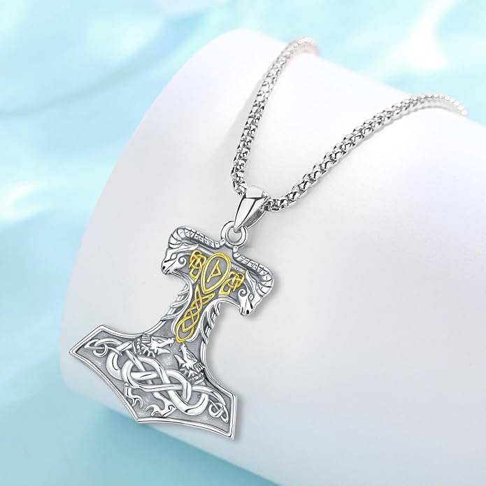 Viking Thor's Hammer Necklace for Men Women, S925 Sterling Silver Vintage Norse Talisman Mjolnir Necklace Amulet Pendant Jewelry Gifts with Sturdy Box Chain