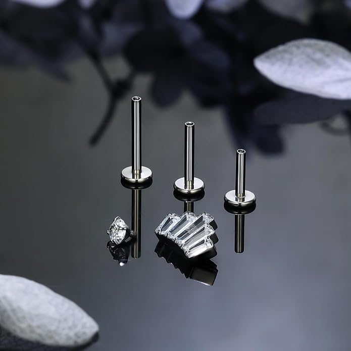 Ruifan Titanium Flat Back Lip Rings Internally Threaded Earrings Studs Nose Rings 16G Opal CZ Tragus Cartilage Lobe Rook Helix Conch Labret Medusa Piercing Jewelry for Women Men W Piercing Taper Set