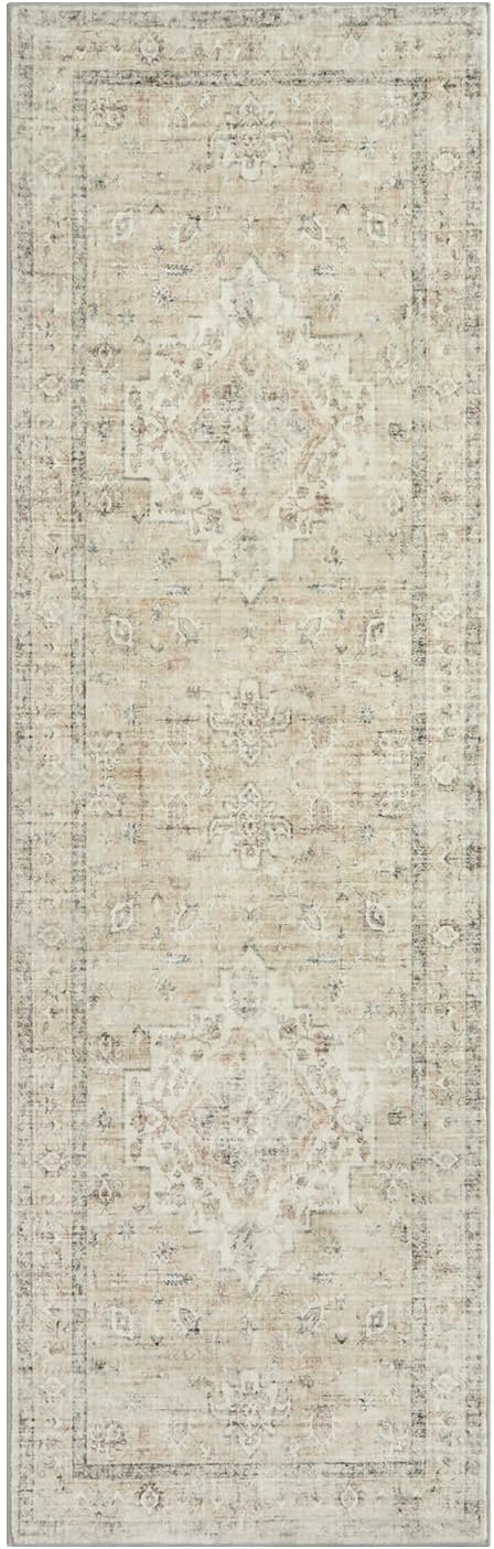 LIVEBOX Washable 2.5x8 Runner Rugs for Entryway Bathroom, Boho Kitchen Floor Mats Long Rug Runners for Hallways Non Slip, Farmhouse Low-Pile Carpet Runners for Laundry Room, Tan