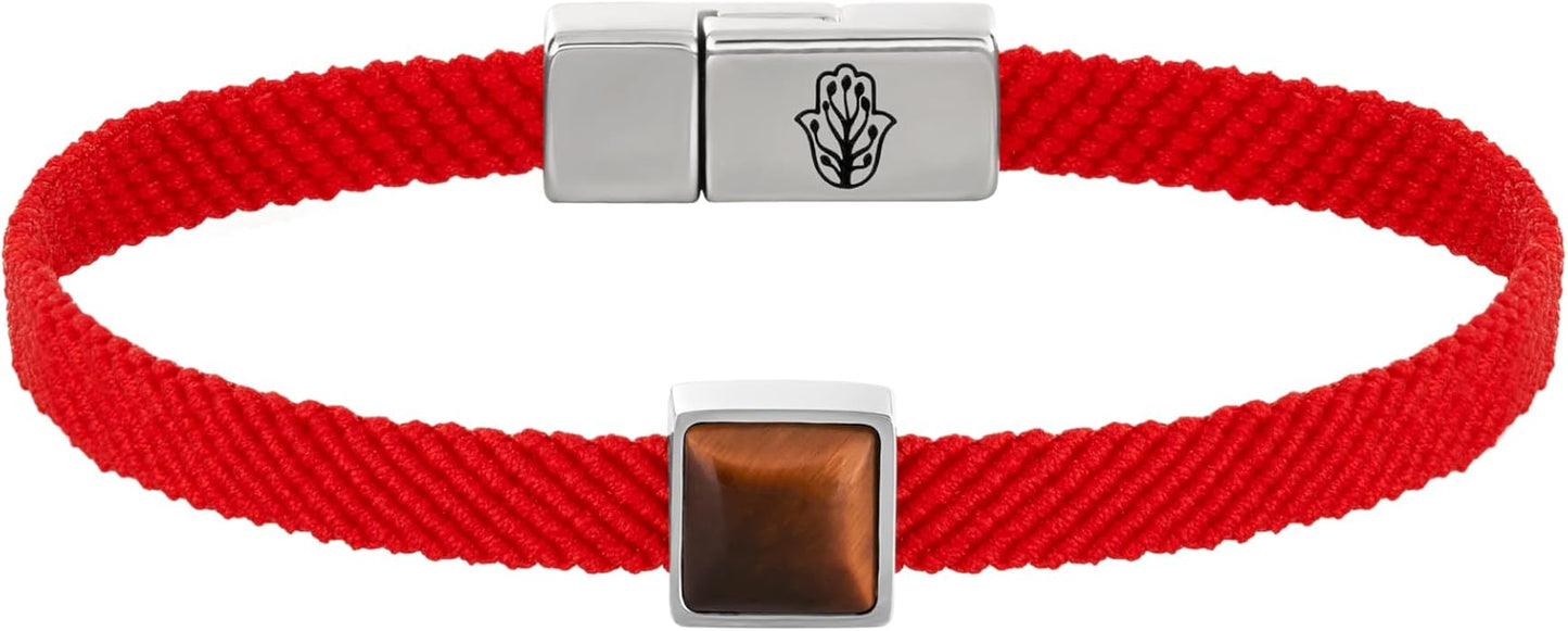 KARMA AND LUCK Red String Bracelet with Black Onyx, Jade, Tiger Eye, Lapis Lazuli - Rhodium Plated Brass, Handmade in Thailand, Available in 6.5", 7", 7.5" Lengths