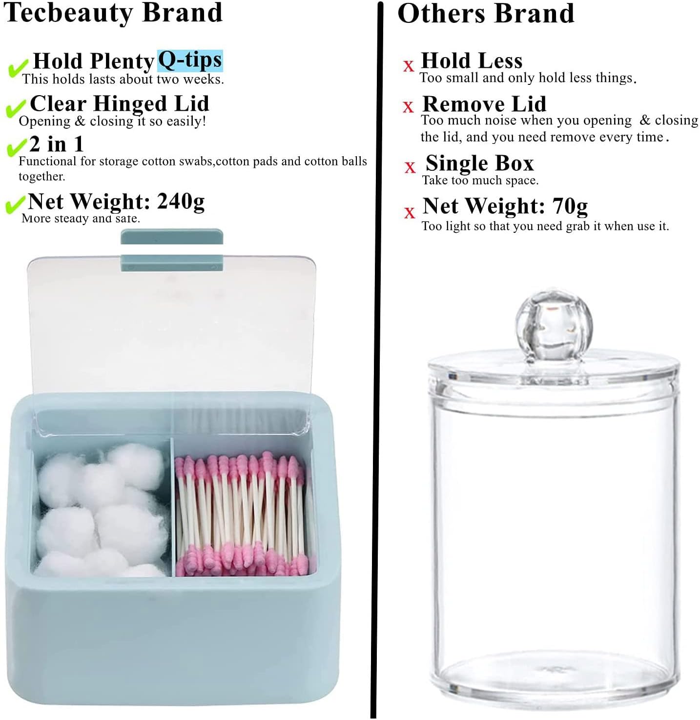 Tecbeauty Large Qtips Holder - 2 Grid Cotton Swab Dispenser, Bathroom Organizer with Cotton Balls, Pads Storage Canisters, Hinged Lids, Blue