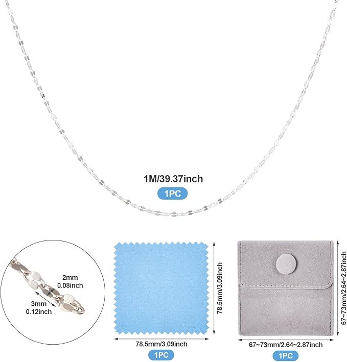 Elecrelive 2mm Sterling Silver Dapped Chains 3.28 Feet Silver Cable Link Chains Permanent Jewelry for Men Women Necklace Bracelet DIY Making