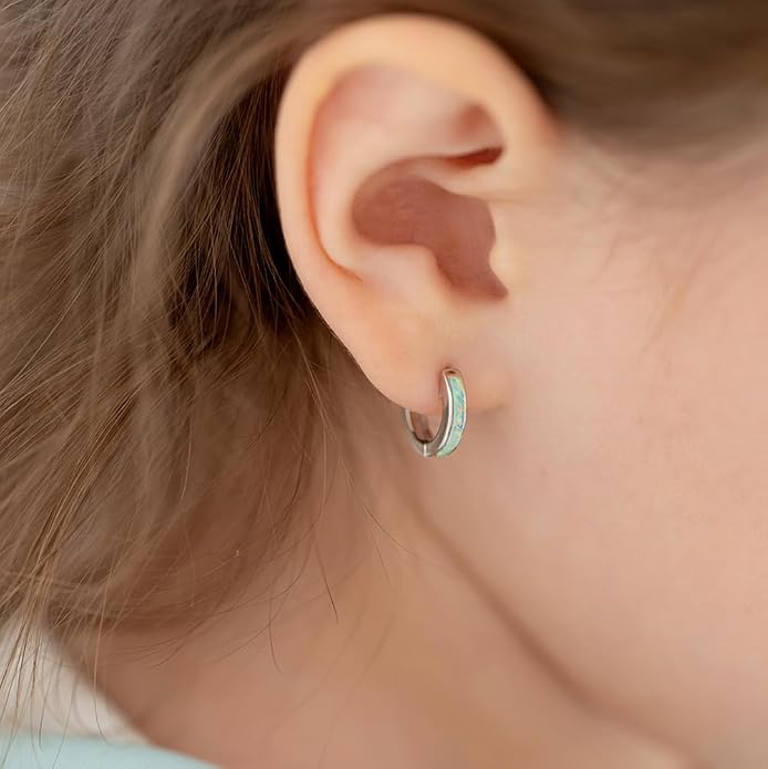 In Season Jewelry Simulated Opal Inlay Girls Hoop Earrings for Kids - 925 Sterling Silver Little Girl Hoop Earrings - Hypoallergenic & Comfortable with Secure Latch Closure