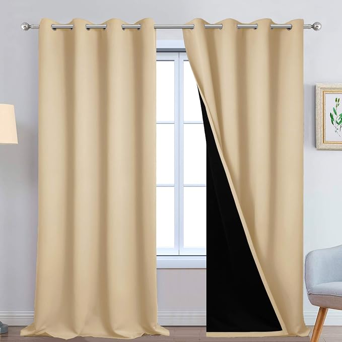 Yakamok Beige 100% Blackout Curtains 108 Inches Long for Bedroom 52" Wide | Blackout Curtain Panels for Bedroom, 2 Thick Layers Grommet Top Thermal Insulated Drapes with Black Liner for Living Room
