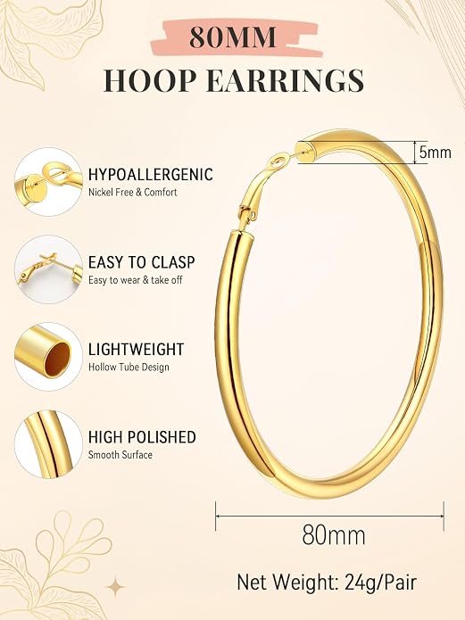 FaithHeart Chunky Hoop Earrings for Women, Silver/Black/14K Gold Plated Stainless Steel Earrings 5mm Thick Hollow Tube Hoops Hypoallergenic Lightweight Earring 20/30/40/50/60/70/80mm
