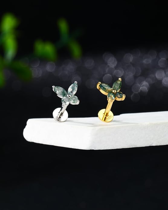 Jewseen Celtic knot&Butterfly Moss Agate Stud Earrings Dangle Internal Threaded Flat Back 16g 8mm Hypoallergenic 925 Sterling Silver Piercing Jewelry for Cartilage Lip Conch Tragus Helix