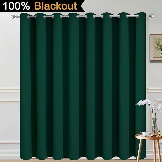 Yakamok Dark Green Blackout Patio Door Curtain Panels W100 x L84, 1 Panel | Noise Reducing Barrier Panel for Sliding Glass Door, 2 Thick Layers Heat Full Light Blocking Patio Door Drapery